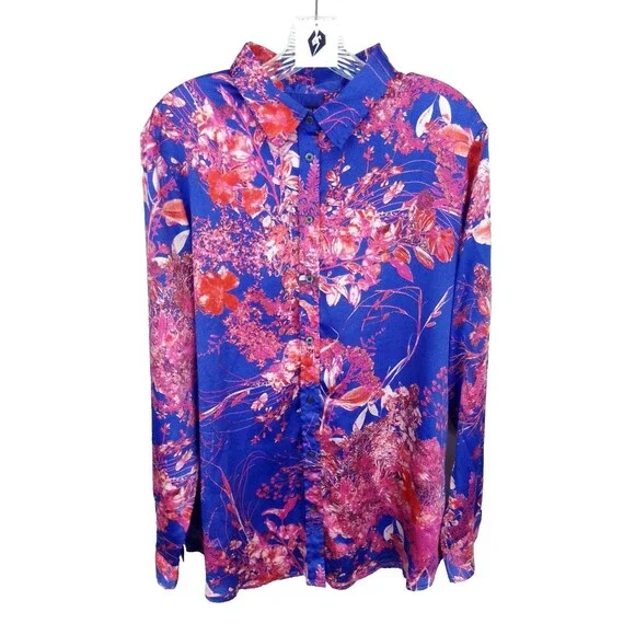 Banana Republic Women's Blue Pink Floral Print Collard Button Close Top Size XL - Picture 7 of 7